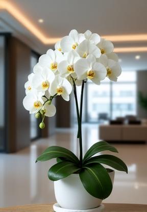 Corporate office lobby with white orchid display