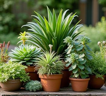 Assorted garden plants and succulents in display