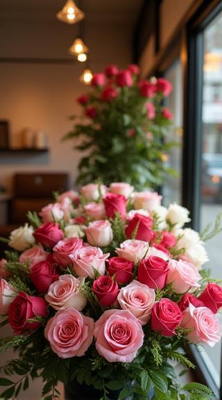 Shop showcase with mixed roses and arrangements
