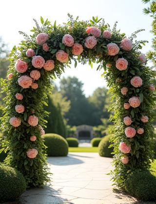 Wedding floral arch with pink peonies and greenery