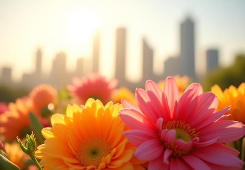 Vibrant flower arrangement in sunlight with Dubai in background
